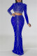 Blue Sexy Patchwork Hot Drilling See-through Half A Turtleneck Long Sleeve Two Pieces