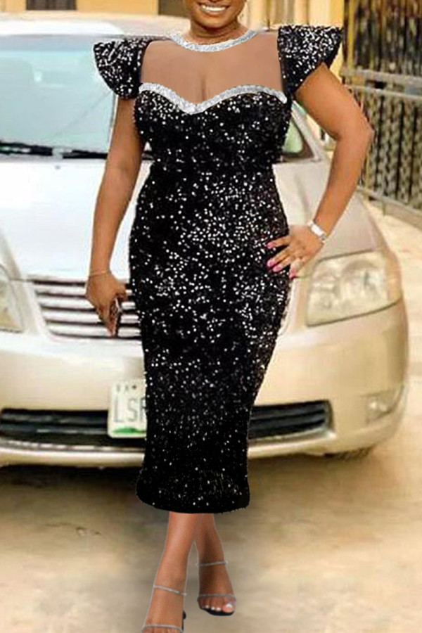 Black Elegant Solid Sequins Patchwork O Neck Evening Dress Dresses