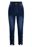 Medium Blue Casual Solid Patchwork Slit High Waist Denim Jeans
