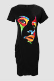 Black Casual Print Patchwork O Neck Short Sleeve Dress