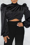 Red Casual Solid Patchwork Turtleneck Tops