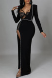 Black Sexy Patchwork See-through Slit Long Sleeve Two Pieces