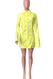 Yellow Sexy Solid Patchwork Buckle Slit Turndown Collar Shirt Dress Dresses