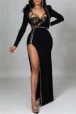 Black Sexy Patchwork See-through Slit Long Sleeve Two Pieces