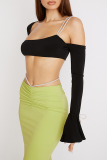 Black Sexy Solid Patchwork One Shoulder Tops
