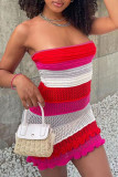 Pink Sexy Striped Print Patchwork Strapless Pencil Skirt Dresses