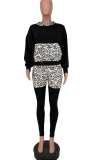 Black Casual Leopard Patchwork Hooded Collar Long Sleeve Two Pieces