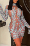 Silver Sexy Patchwork Sequins See-through Half A Turtleneck Long Sleeve Dresses