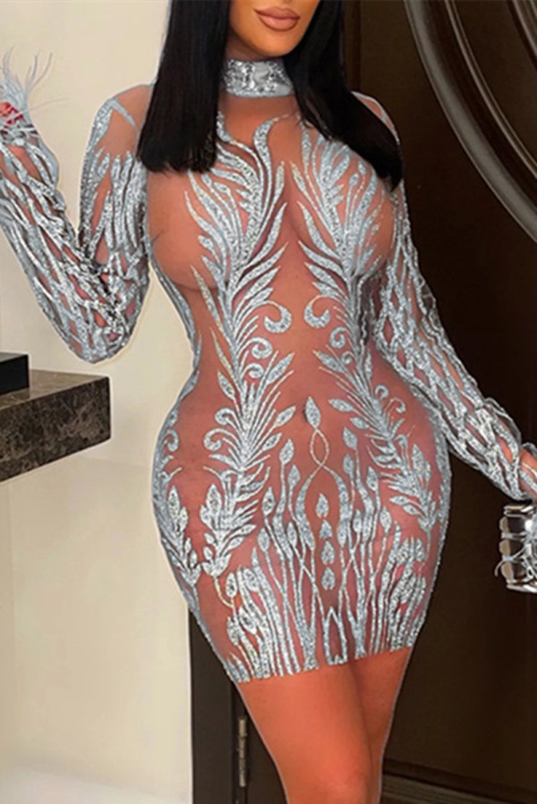 Silver Sexy Patchwork Sequins See-through Half A Turtleneck Long Sleeve Dresses