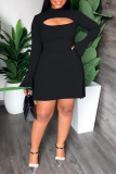 Black Street Solid Flounce Half A Turtleneck Waist Skirt Dresses