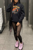 Black Casual Print Patchwork Hooded Collar Tops