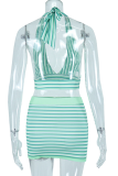 Green Sexy Striped Patchwork Halter Sleeveless Two Pieces