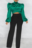 Red Casual Solid Patchwork Turtleneck Tops