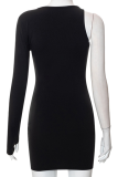 Black Sexy Solid Patchwork O Neck Pencil Skirt Dresses