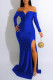 Blue Sexy Formal Solid Backless Slit Off the Shoulder Evening Dress Dresses