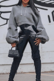 Grey Casual Solid Draw String Hooded Collar Tops