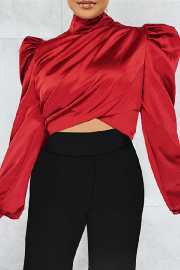 Red Casual Solid Patchwork Turtleneck Tops