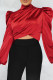 Red Casual Solid Patchwork Turtleneck Tops
