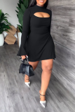 Black Street Solid Flounce Half A Turtleneck Waist Skirt Dresses