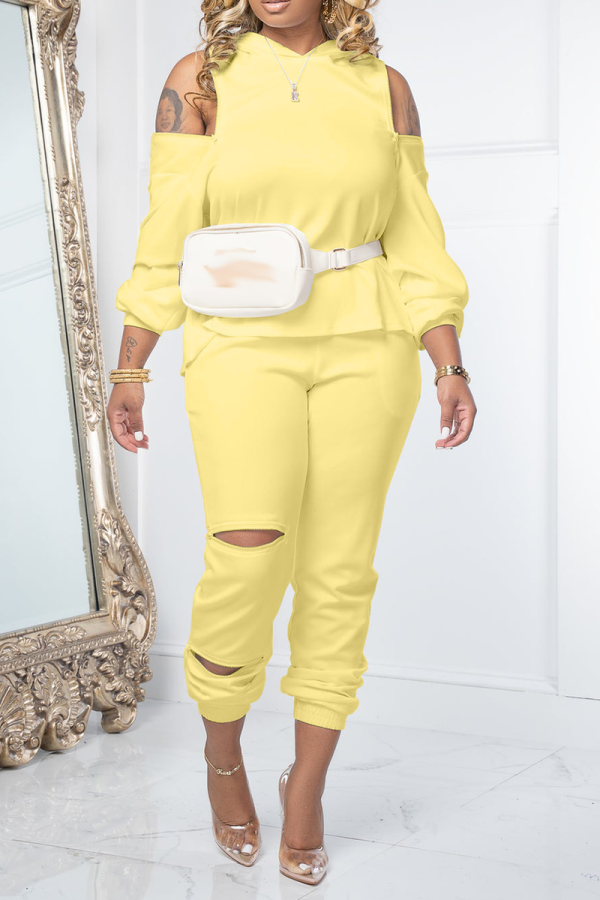 Yellow Casual Solid Ripped Hooded Collar Long Sleeve Two Pieces
