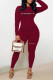 Burgundy Casual Print Patchwork O Neck Long Sleeve Two Pieces