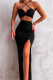 Black Sexy Solid Backless Slit Spaghetti Strap Sleeveless Two Pieces