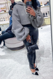 Grey Casual Solid Draw String Hooded Collar Tops