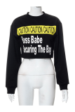 Black Casual Print Patchwork O Neck Tops