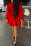 Red Casual Solid Patchwork Frenulum Fold O Neck A Line Dresses