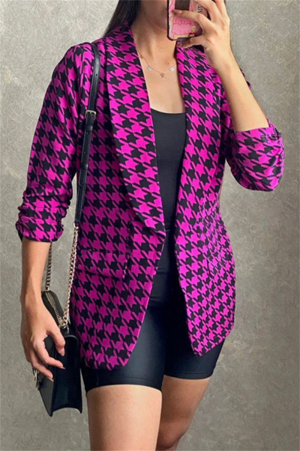 Fuchsia Fashion Casual Print Patchwork Cardigan Turn-back Collar Outerwear