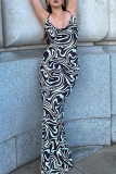 Black Sexy Print Patchwork Halter Trumpet Mermaid Dresses