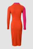 Rose Red Sexy Solid Patchwork Zipper Half A Turtleneck Long Sleeve Dresses