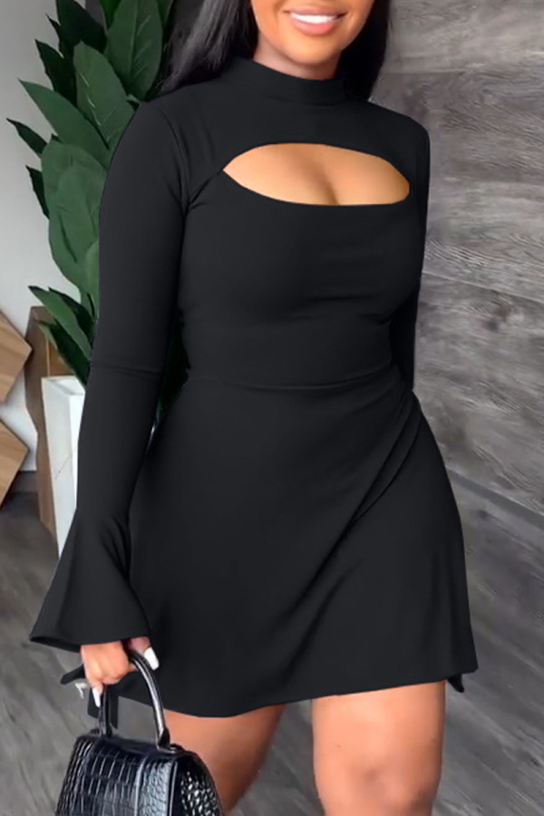 Black Street Solid Flounce Half A Turtleneck Waist Skirt Dresses