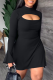 Black Street Solid Flounce Half A Turtleneck Waist Skirt Dresses