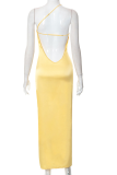 Yellow Sexy Solid Backless High Opening Spaghetti Strap Pencil Skirt Dresses