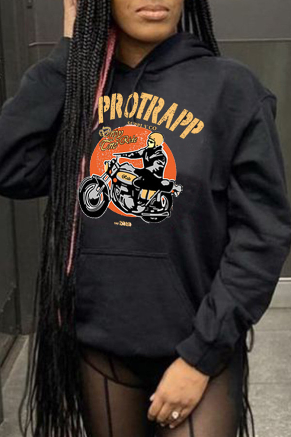 Black Casual Print Patchwork Hooded Collar Tops