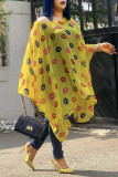 Yellow Casual Print Patchwork Asymmetrical O Neck T-Shirts