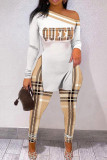 Apricot Fashion Casual Print Patchwork Slit Oblique Collar Long Sleeve Two Pieces