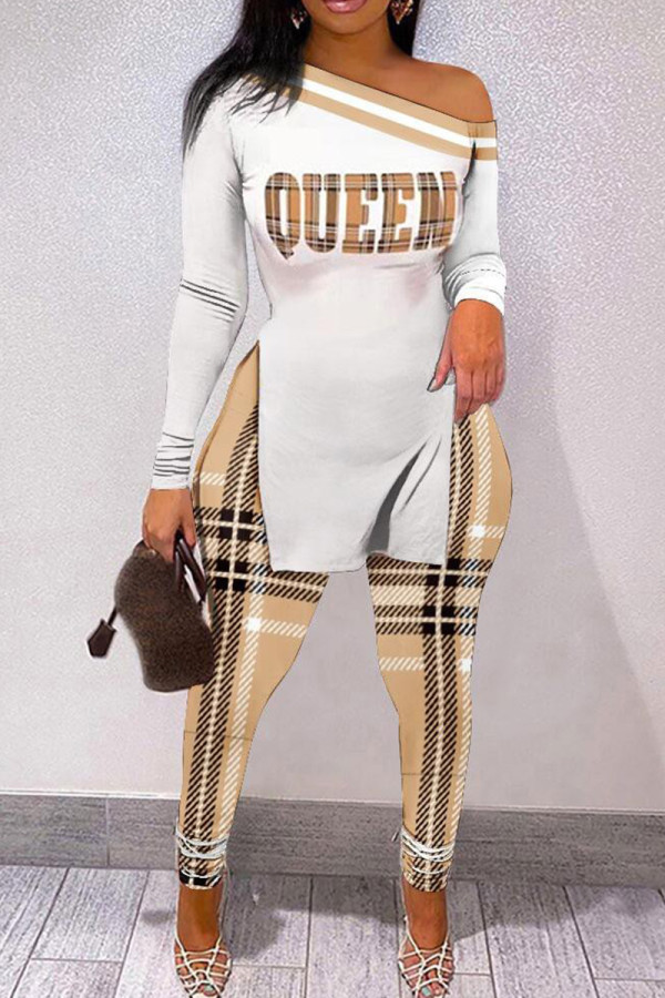 Apricot Fashion Casual Print Patchwork Slit Oblique Collar Long Sleeve Two Pieces