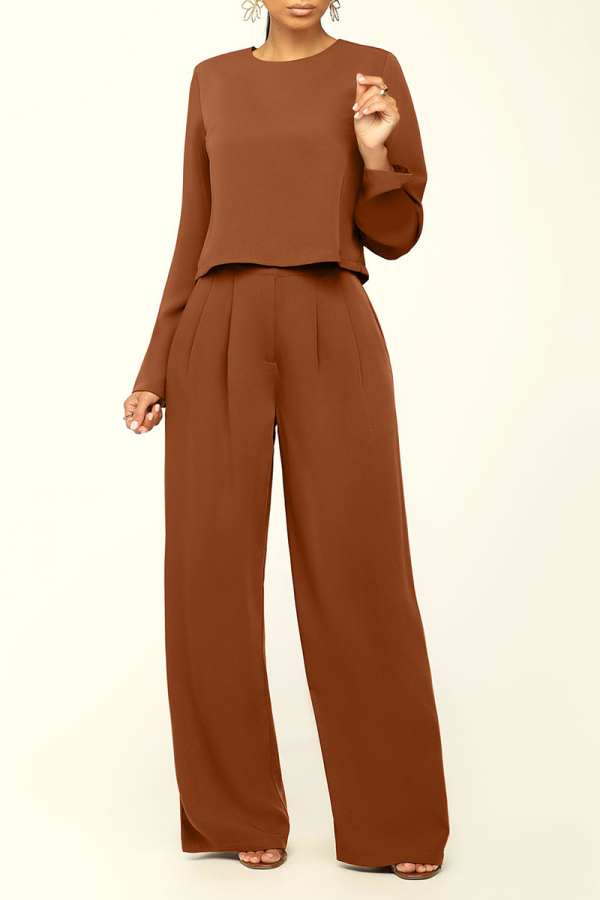 Brown Casual Solid Patchwork O Neck Long Sleeve Two Pieces