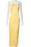 Yellow Sexy Solid Backless High Opening Spaghetti Strap Pencil Skirt Dresses