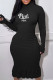 Black Casual Letter Print Basic Turtleneck Long Sleeve Dresses