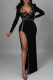 Black Sexy Patchwork See-through Slit Long Sleeve Two Pieces
