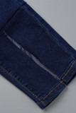 Deep Blue Casual Solid Patchwork Slit High Waist Denim Jeans