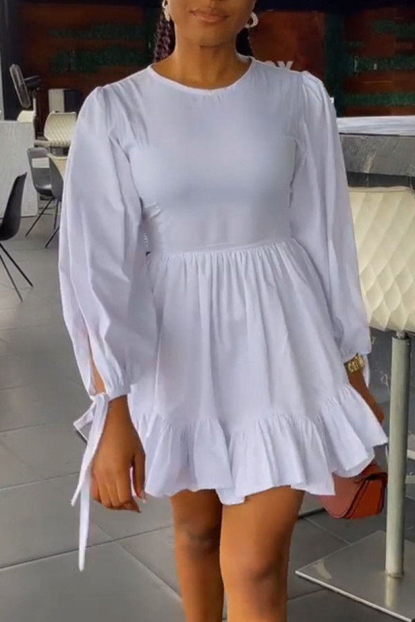 White Casual Solid Patchwork Frenulum Fold O Neck A Line Dresses