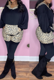 Black Casual Leopard Patchwork Hooded Collar Long Sleeve Two Pieces