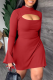 Red Street Solid Flounce Half A Turtleneck Waist Skirt Dresses