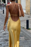 Yellow Sexy Solid Backless High Opening Spaghetti Strap Pencil Skirt Dresses
