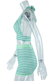 Green Sexy Striped Patchwork Halter Sleeveless Two Pieces