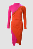 Rose Red Sexy Solid Patchwork Zipper Half A Turtleneck Long Sleeve Dresses